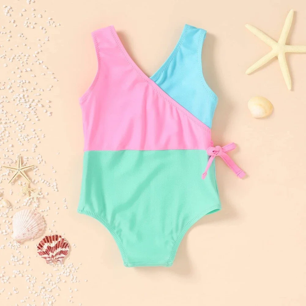 YOUNGER Toddler TREE Girl One Piece Swimsuit Color Block Stripe Swimwear 7-8T